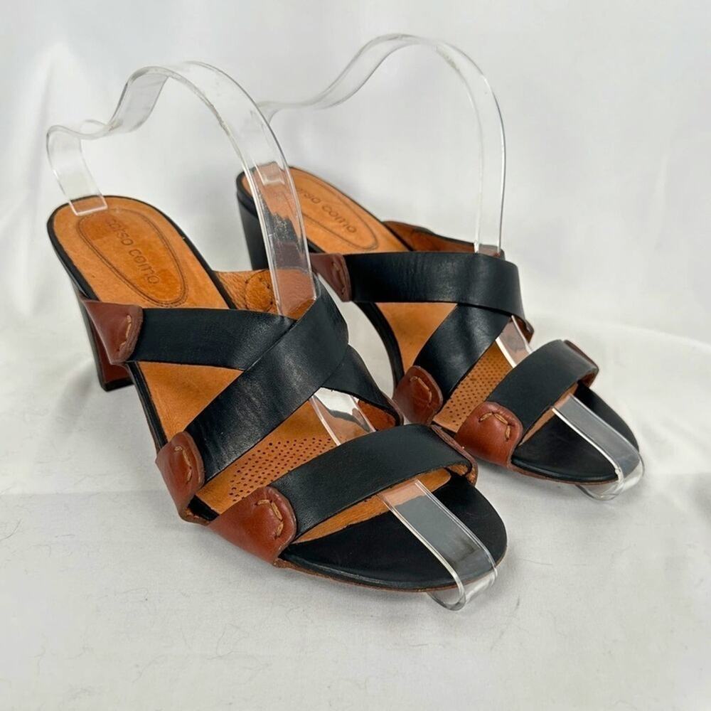 Corso Como -  Black and Brown Crossover Leather Heeled Sandals Size: 9.5
